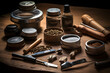 Traditional tools used in the SNUS making process displayed on an oak table. 