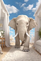 Canvas Print - An elephant is walking through a room with a bed, AI