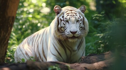 Albino tiger with white fur in the forest. Portrait of a rare exotic animal dangerous predator in nature