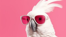 Closeup Of White Cockatoo Parrot Wearing Sunglasses. Domestic Pet Bird, Animal. Solid Pink Pastel Background. Tropical Summer Vacation Concept, Web Banner. Funny Birthday Party Card, Invitation.