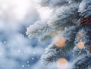 Wall Mural - Close up of winter pine tree with snow and blurred blue background for text