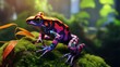 Generative AI illustration of closeup of vivid multicolored strawberry poison dart frog sitting on green moss in wild nature.