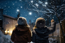 Children On The Street Looking At The Sky At The Falling  Snow Generative Ai