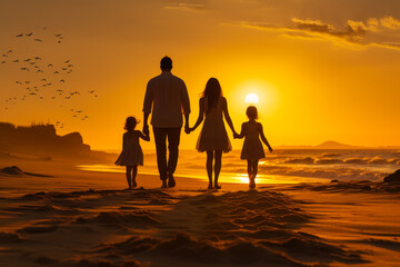 Poster - silhouettes of parents with a child walking on the evening beach,  generative ai