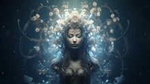 Picture Made With Generative AI Of Surreal Mysterious Creature Goddess With Flowers Wreath