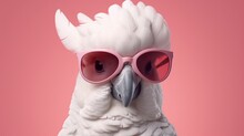 Portrait Of Funny White Cockatoo Parrot Wearing Sunglasses. Domestic Pet Bird, Animal. Solid Pink Pastel Background. Tropical Summer Vacation Concept, Web Banner. Cute Birthday Party Card, Invitation.