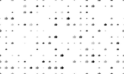 Poster - Seamless background pattern of evenly spaced black thumb up symbols of different sizes and opacity. Vector illustration on white background