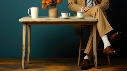 Sticker - A man in a suit sitting on a table with coffee cups, AI