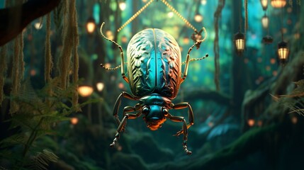 Wall Mural - A surreal scene featuring Chrysina aurigans in a mystical forest, the HD camera enhancing the dreamlike quality of the metallic beetle's presence.