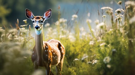 Wall Mural - A White-tailed Deer peacefully grazing in a meadow, the camera capturing the soft details of its fur and the natural beauty of its surroundings.