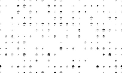 Poster - Seamless background pattern of evenly spaced black rain symbols of different sizes and opacity. Vector illustration on white background