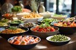 Assortment of small dishes featuring salmon, olives, and sesame. Display of various appetizers at a catered buffet. Generative AI