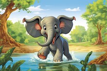 Cartoon Elephant: Playfully Spraying Water With Trunk High In The Air, Generative AI