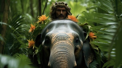 Canvas Print - A man riding an elephant in the jungle, AI