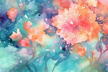 Abstract Floral Background In Teal, Pink, And Orange Watercolors. Vibrant And Appealing. Generative AI