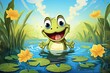 Frog Cartoon: Joyful Frog Hopping on Lilypads in Sunny Pond - Captivating Digital Image, generative AI