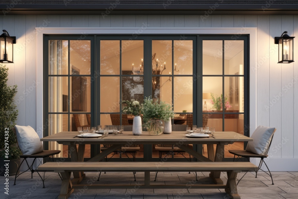 Outdoor Dining Setup with Wooden Bench Seating, Ambient Lighting ...