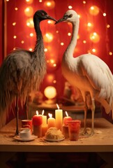 Wall Mural - Two birds standing next to candles on a table, AI