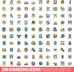 Poster - 100 biometric icons set. Color line set of biometric vector icons thin line color flat on white