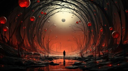 Wall Mural - A man standing in the middle of a forest with red balls, AI