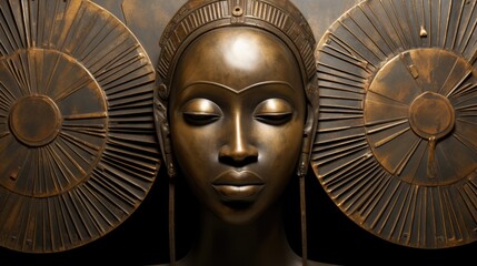 Wall Mural - African woman statue with two suns on her head, AI