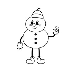 Wall Mural - Vector groovy retro cartoon outline snowman isolated on white background