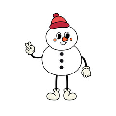 Poster - Vector groovy retro cartoon snowman isolated on white background