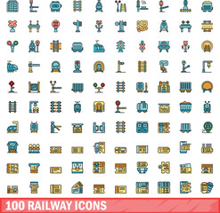 Poster - 100 railway icons set. Color line set of railway vector icons thin line color flat on white
