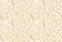 Seamless Christmas Pattern With Baking Gingerbread Cookies Icons- Vector Illustration