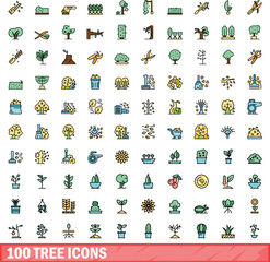 Poster - 100 tree icons set. Color line set of tree vector icons thin line color flat on white
