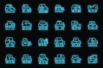 Poster - Crawler icons set outline vector. Construction industry. Vehicle machine neon color on black