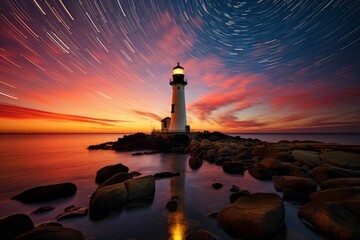 Wall Mural - Lighthouse on the seashore. Background with selective focus and copy space