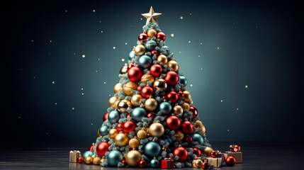 Wall Mural - Christmas tree made of colorful Christmas baubles against dark background