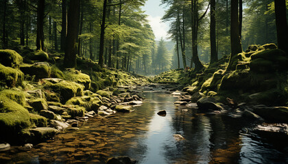 Sticker - Tranquil scene of a wet forest, green leaves, and flowing water generated by AI