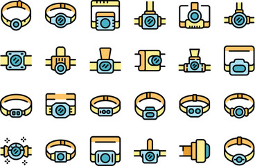 Sticker - Headlamp icons set outline vector. Flash light. Button energy thin line color flat on white