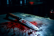 Scary conceptual image of a bloody knife on the table. The concept of committed murder, crime	