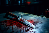 Scary conceptual image of a bloody knife on the table. The concept of committed murder, crime	