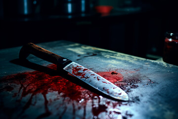 Fototapeta scary conceptual image of a bloody knife on the table.