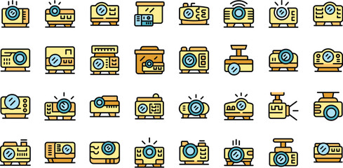 Poster - Projector icons set outline vector. Video office. Electronic stand thin line color flat on white