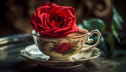 Sticker - Rustic coffee cup and flower bouquet on wooden table generated by AI