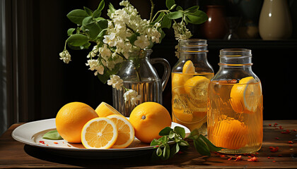 Canvas Print - Freshness of citrus fruit on a wooden table, nature summer refreshment generated by AI