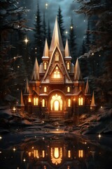 Canvas Print - A castle in the woods at night with lights on, AI