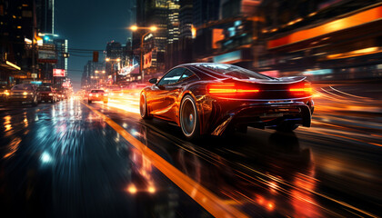 Poster - Fast car speeds through city streets, illuminating the night generated by AI