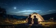 Starry Serenity: A Couple Sits in a Tent in a Mountain Field, Gazing at the Night Sky, Embracing the Serenity of Trekking, Hiking, Natural Living, and Love Together