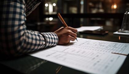 Canvas Print - One businessman sitting at desk, planning with pencil and paper generated by AI