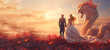 A man and a woman in a golden dress on the clouds among red roses. There's a dragon nearby. Banner. Wallpaper. Copy space. Generated AI. Edited in Photoshop.