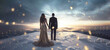 A man and a woman in a golden dress, among the clouds. Banner. Wallpaper. Copy space. Generated AI. Edited in Photoshop.