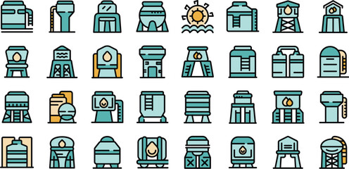 Poster - Water tower icons set outline vector. Tank industrial. Tower plant thin line color flat on white