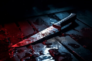 Fototapeta scary conceptual image of a bloody knife on the table. the concept of committed murder, crime