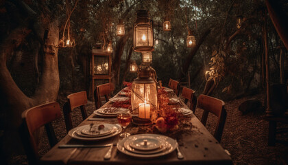 Sticker - Rustic candlelight dinner party outdoors, surrounded by nature elegance generated by AI